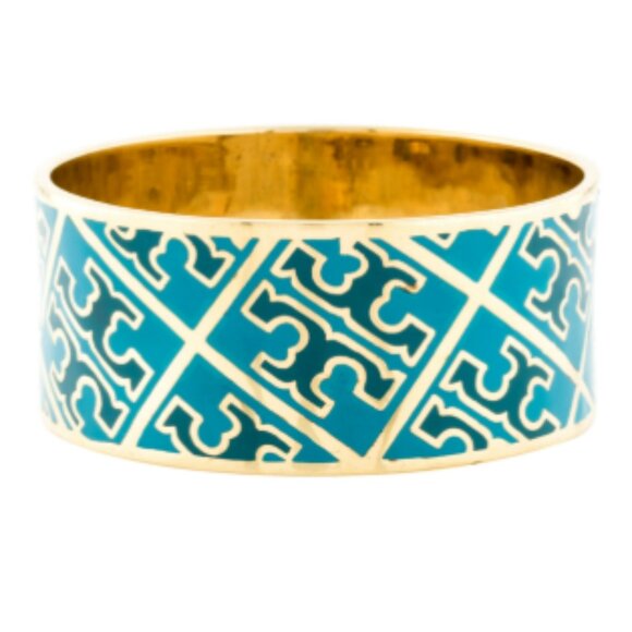 Tory Burch Enamel Logo Printed Wide Cuff Bangle Bracelet Gold/Blue - Picture 2 of 4